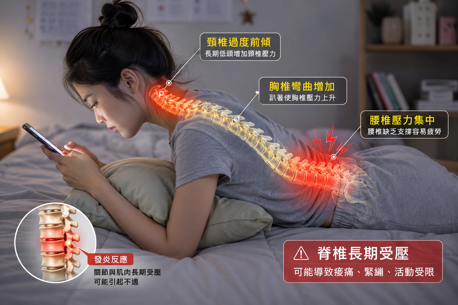 【趴著滑手機對脊椎好嗎？】柏青傳統整復推拿所解析：肩頸、腰背容易緊繃的原因，拉筋